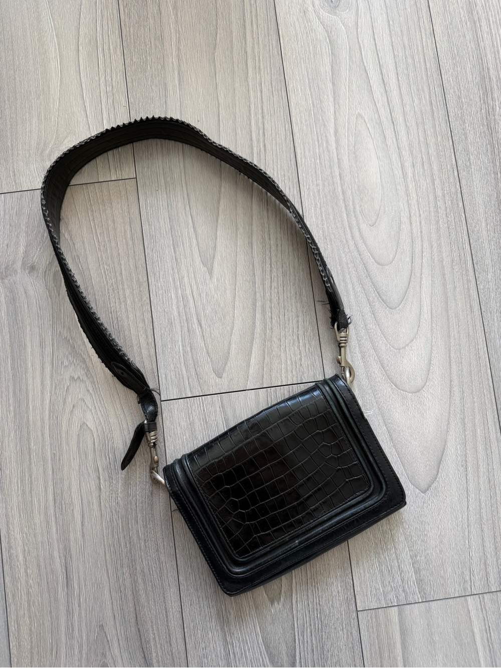 Black Croc-Embossed Leather Shoulder Bag